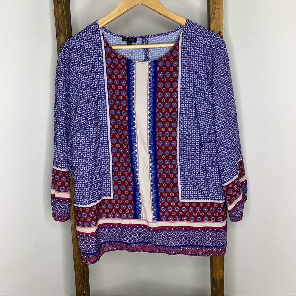 Talbots Blue and Red Geometric Blouse XL